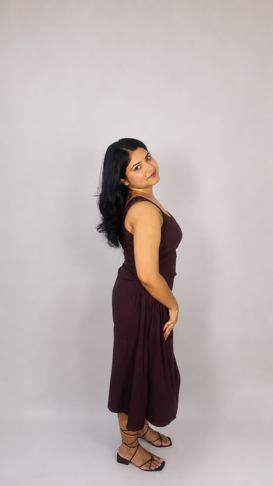 Wine Ruched Waist Sleeveless Midi Dress