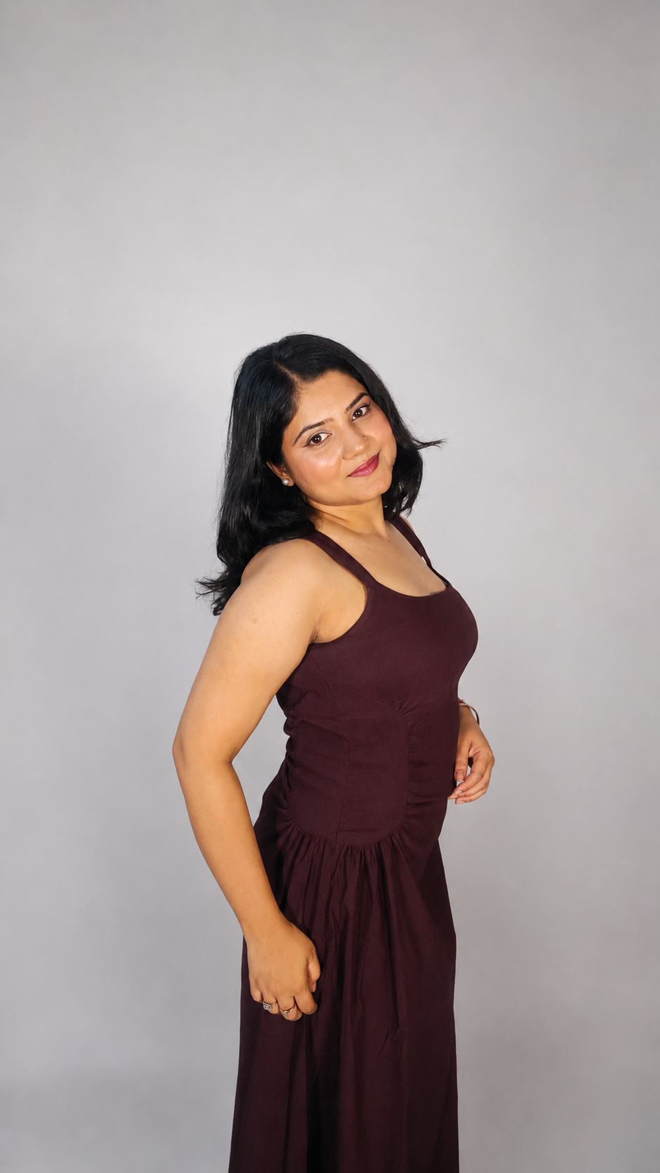 Wine Ruched Waist Sleeveless Midi Dress
