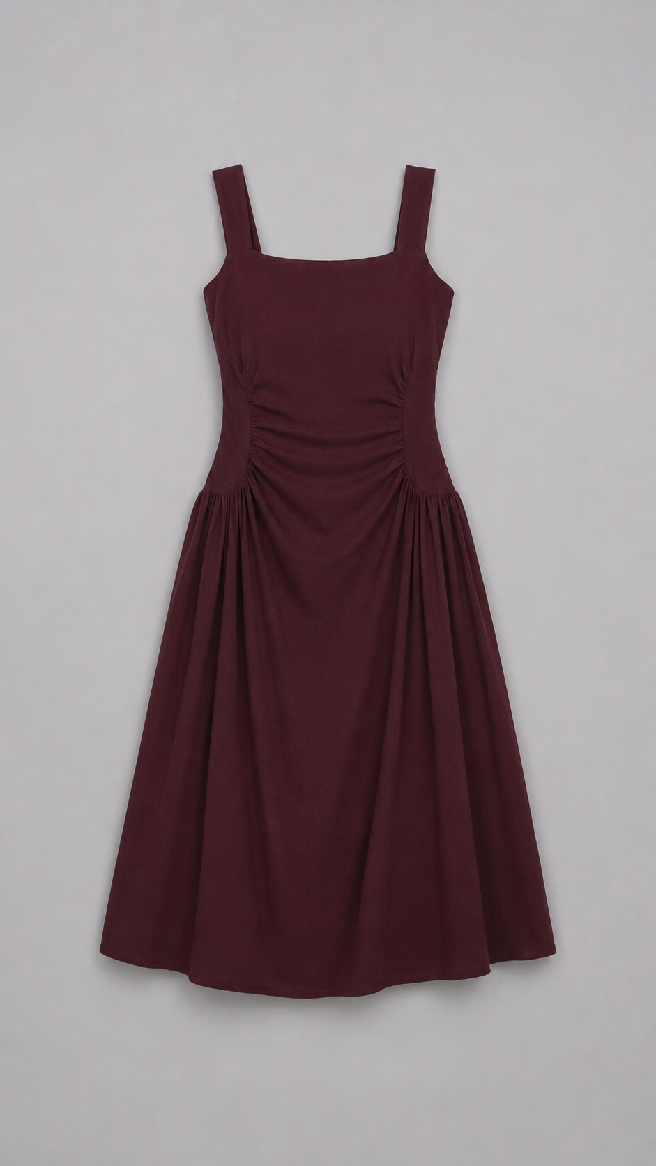 Wine Ruched Waist Sleeveless Midi Dress