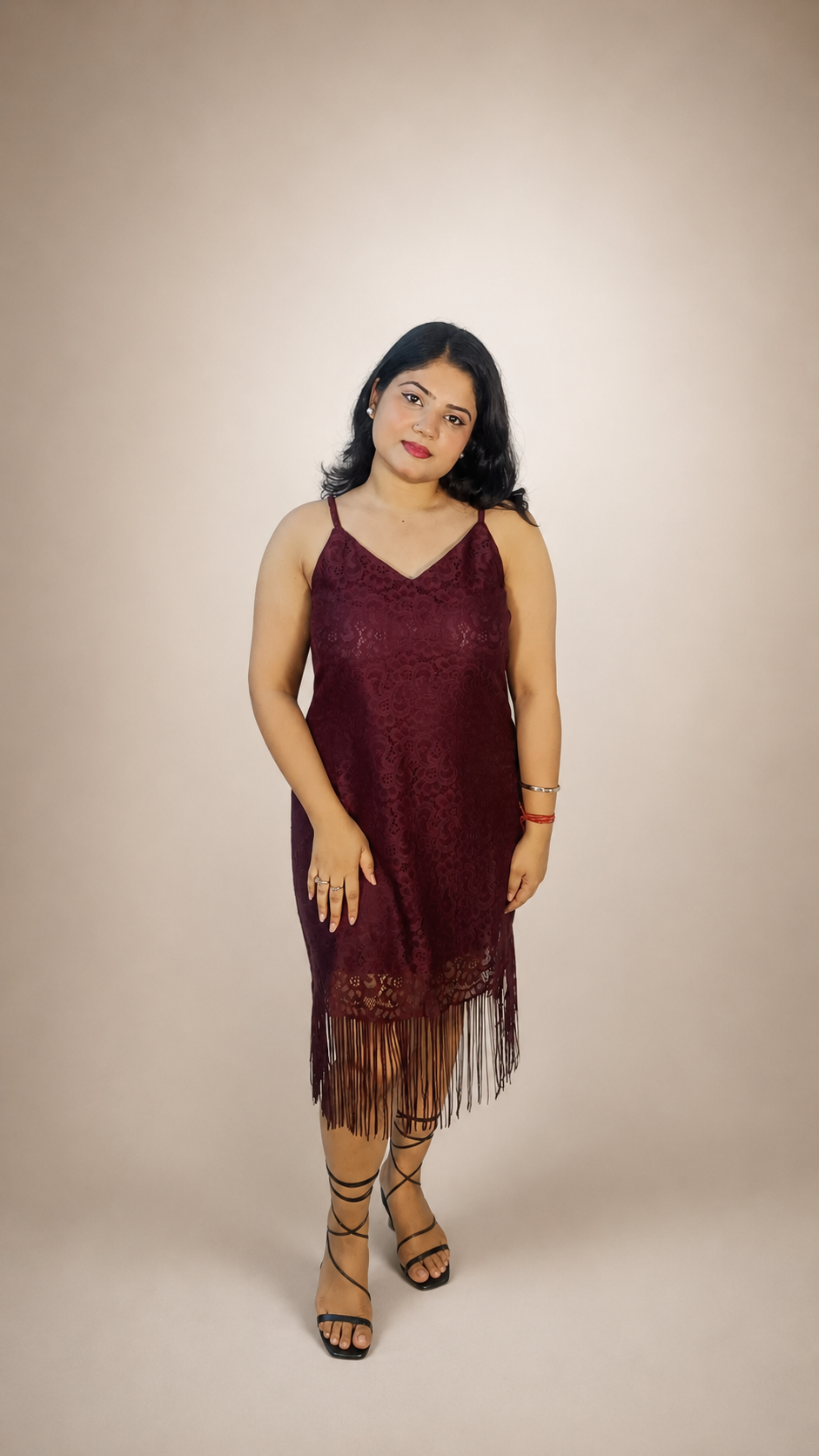 Maroon Lace Fringe Hem Dress