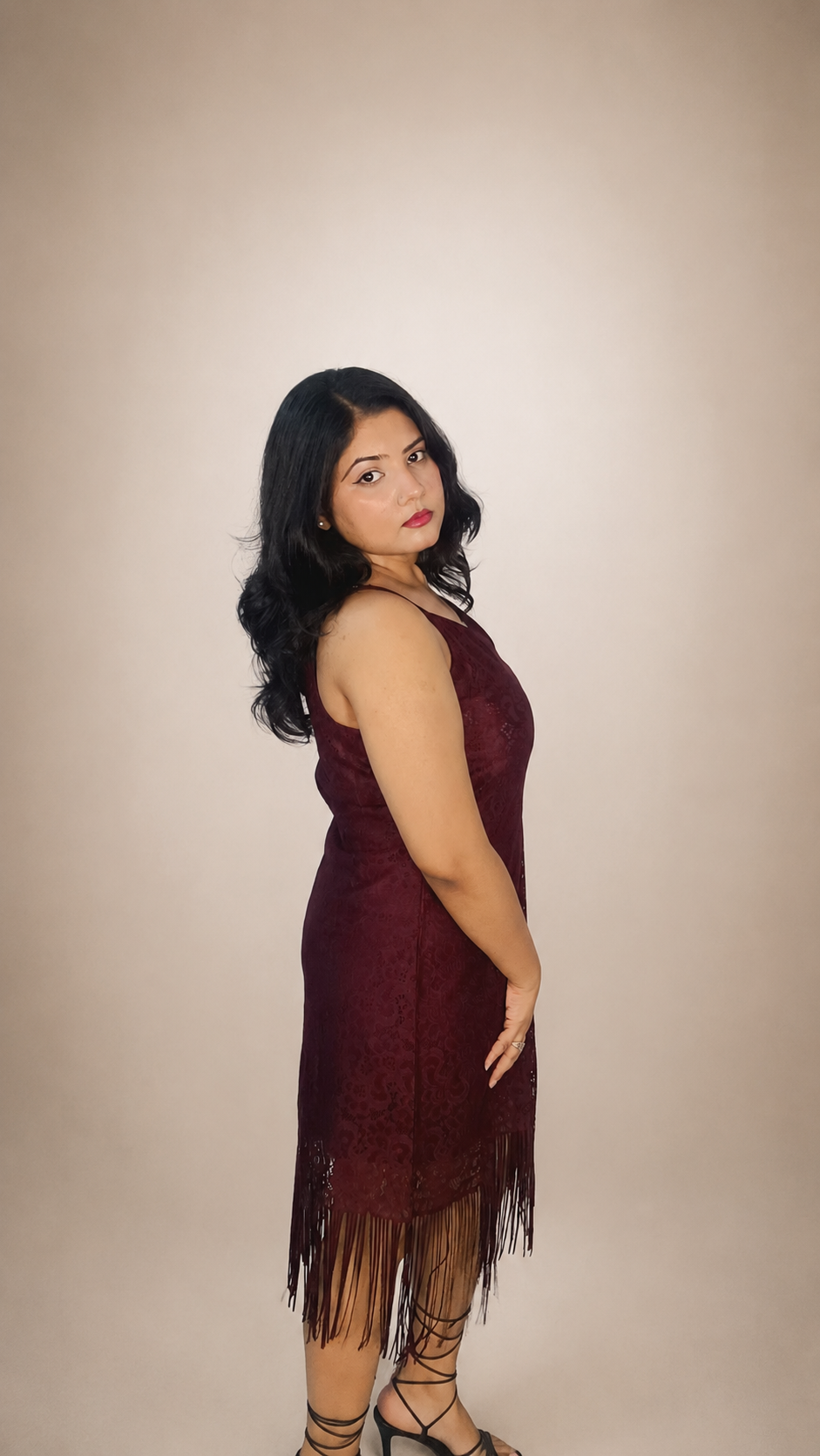 Maroon Lace Fringe Hem Dress