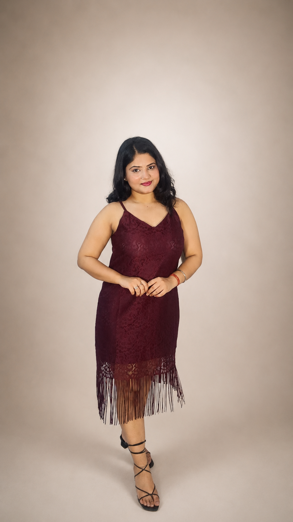 Maroon Lace Fringe Hem Dress