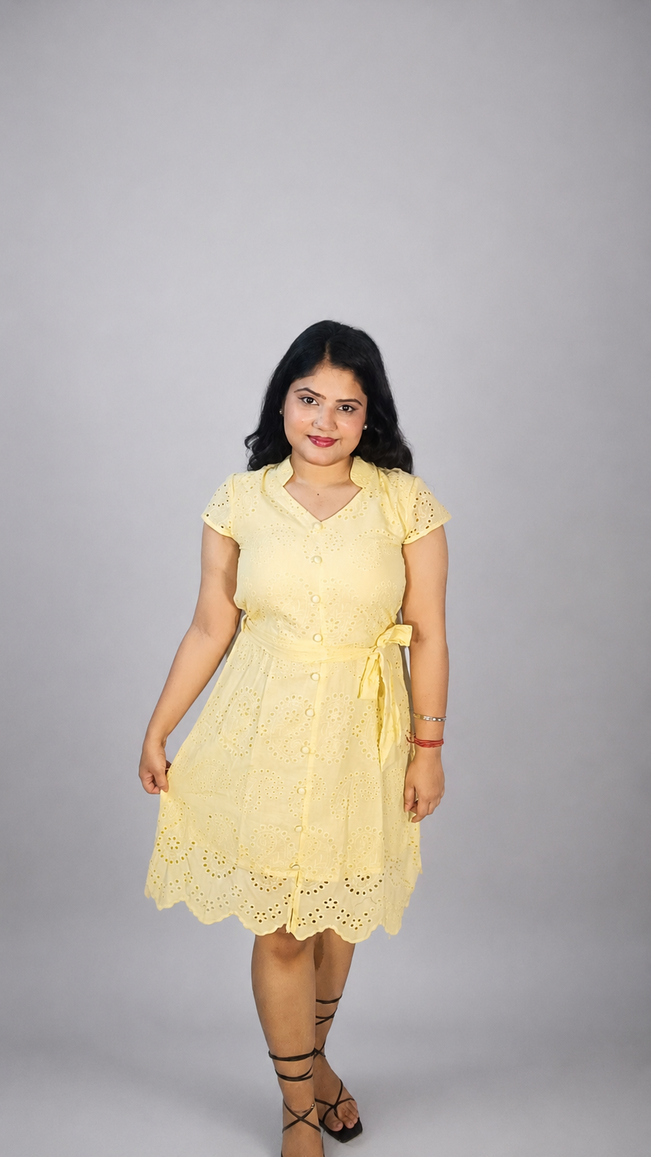 Yellow Schiffli Fit & Flare Summer Dress