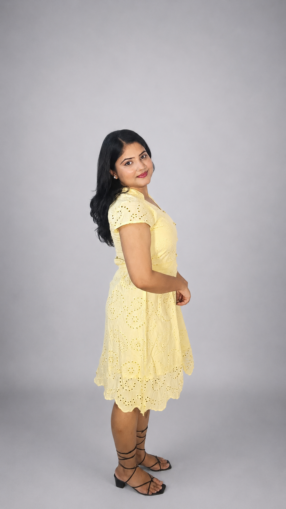 Yellow Schiffli Fit & Flare Summer Dress