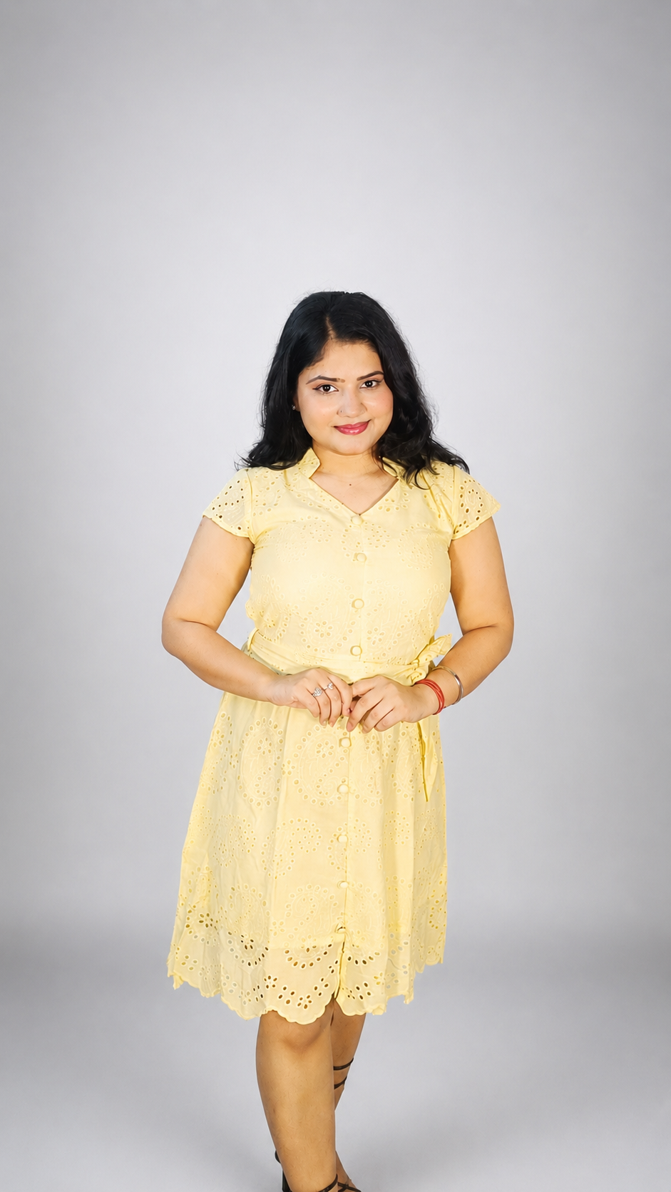 Yellow Schiffli Fit & Flare Summer Dress