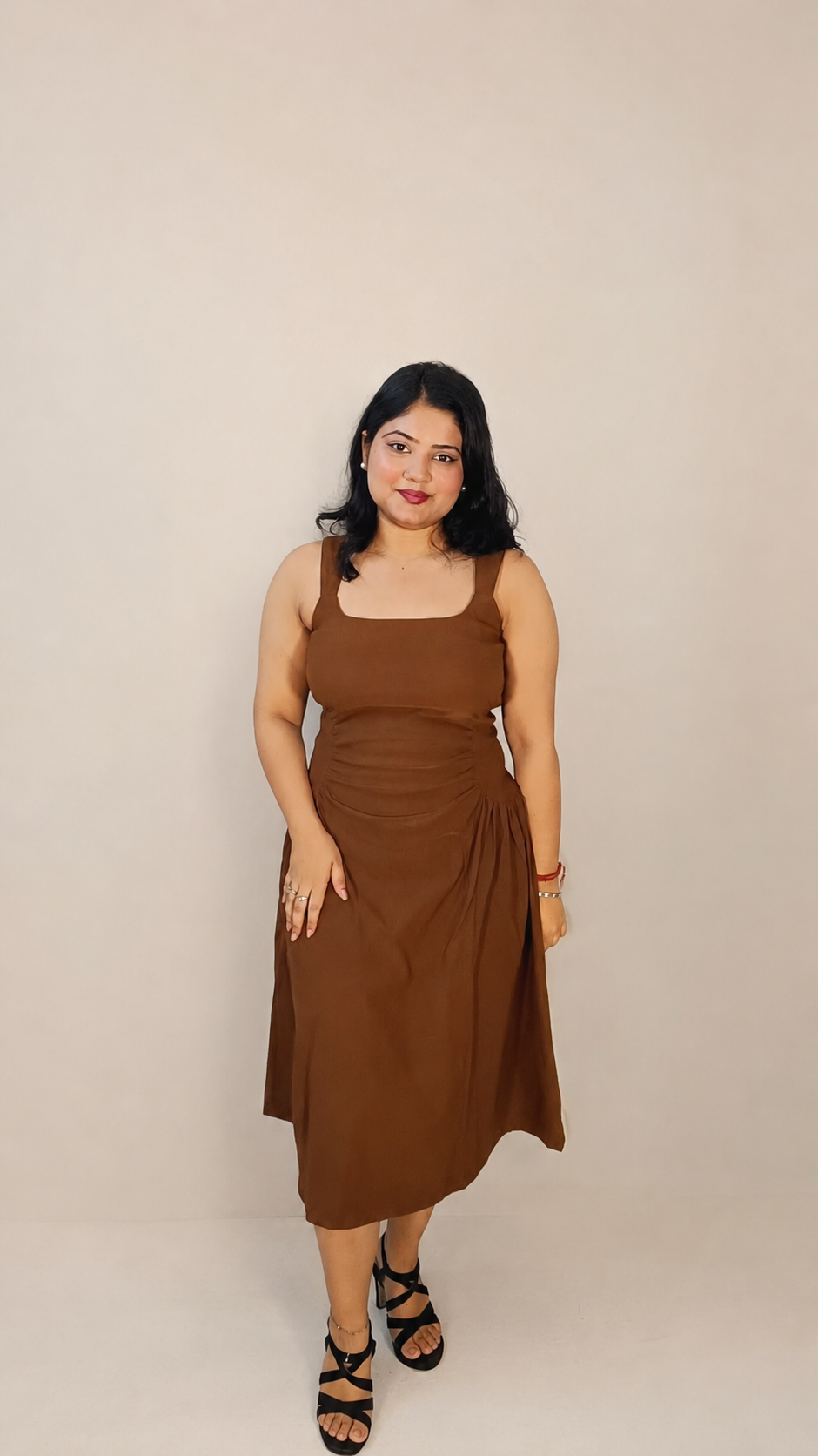Chocolate Brown Ruched Waist A-Line Midi Dress