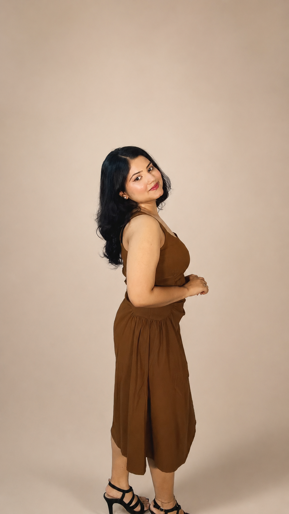 Chocolate Brown Ruched Waist A-Line Midi Dress