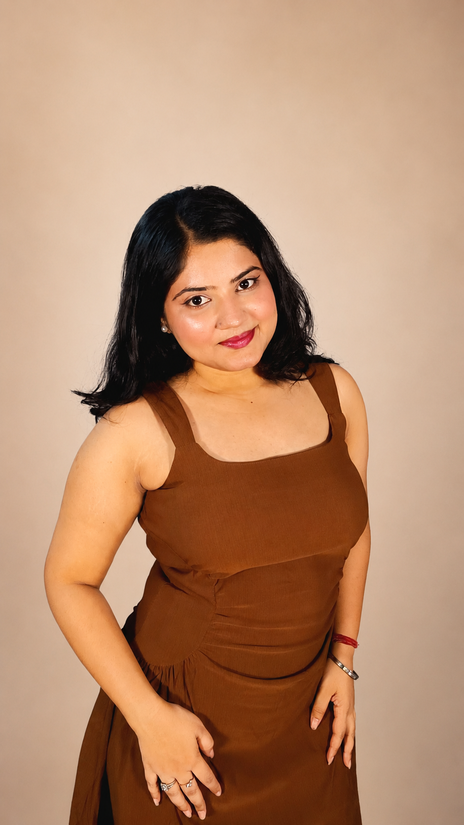 Chocolate Brown Ruched Waist A-Line Midi Dress