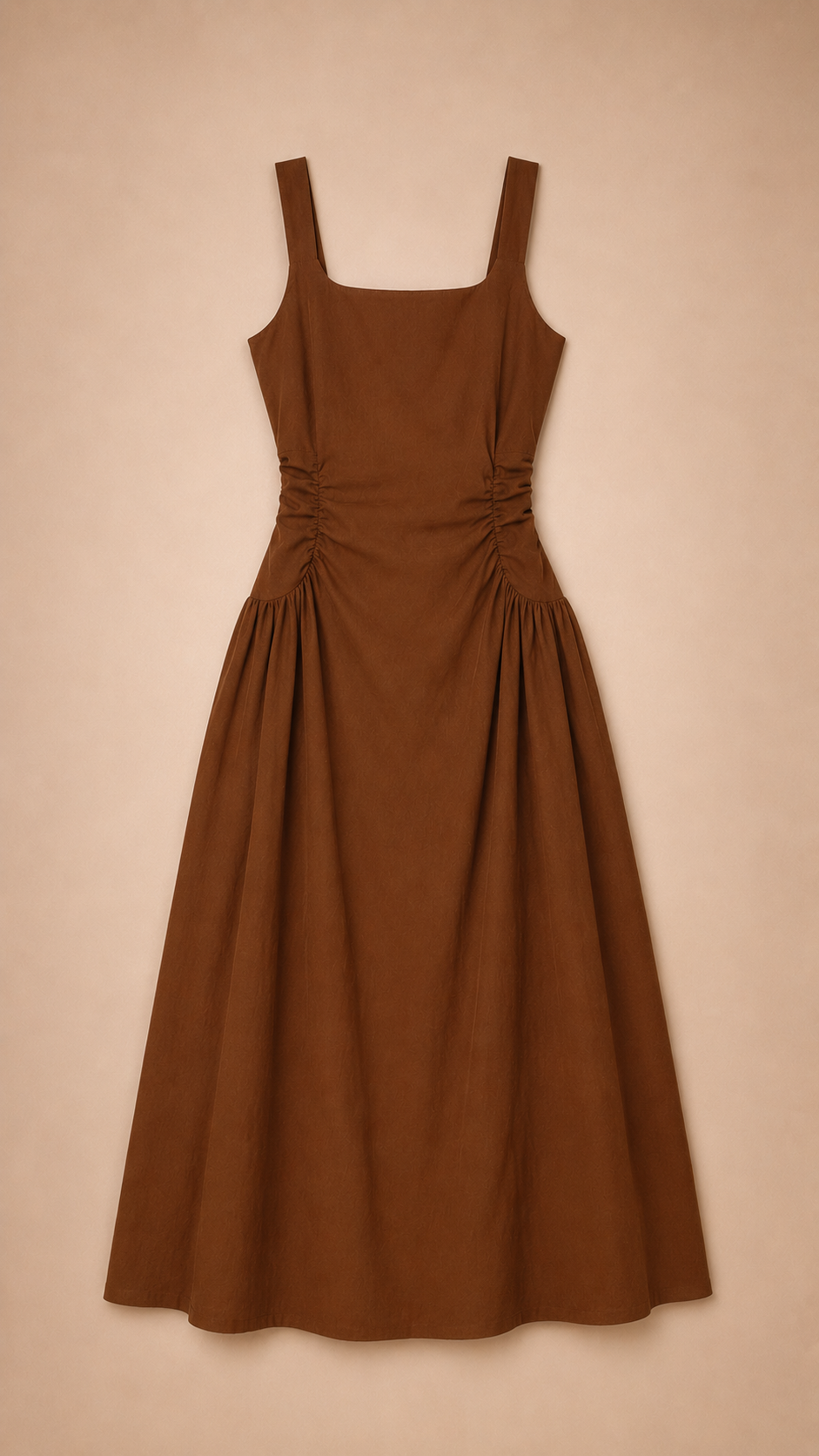 Chocolate Brown Ruched Waist A-Line Midi Dress