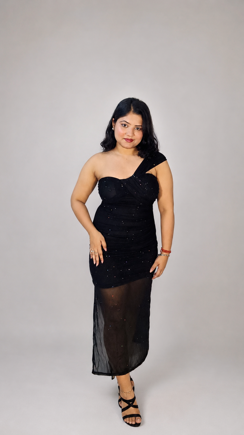 Midnight Stardust One-Shoulder Mesh Maxi Dress