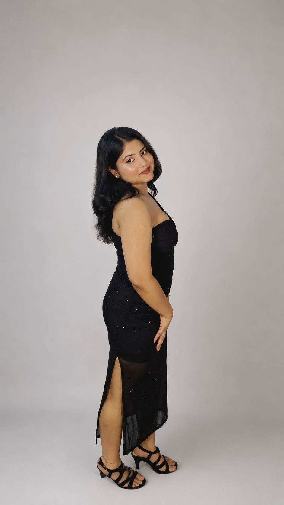 Midnight Stardust One-Shoulder Mesh Maxi Dress