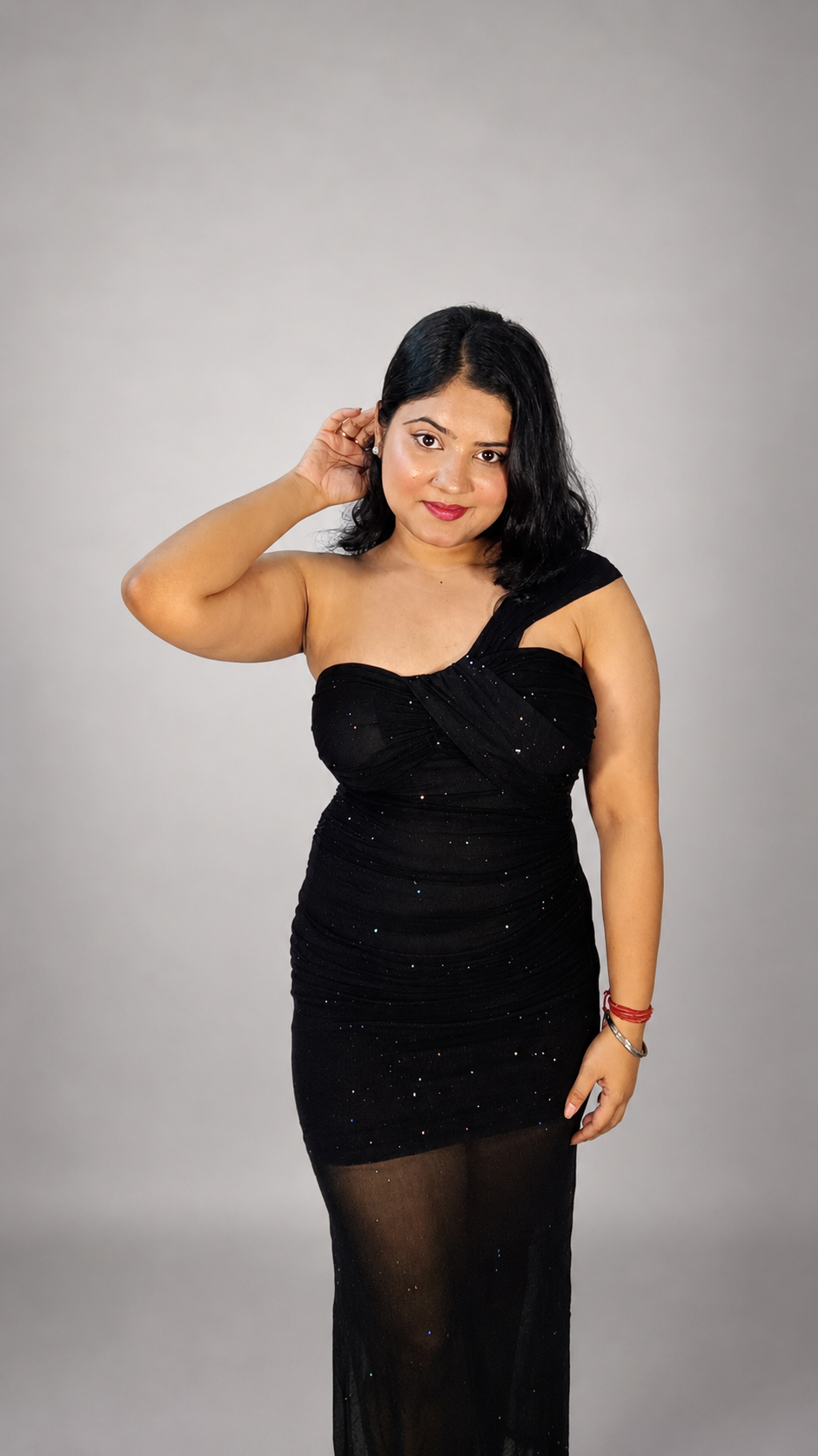 Midnight Stardust One-Shoulder Mesh Maxi Dress