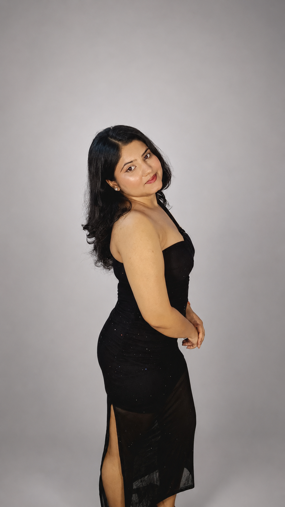 Midnight Stardust One-Shoulder Mesh Maxi Dress