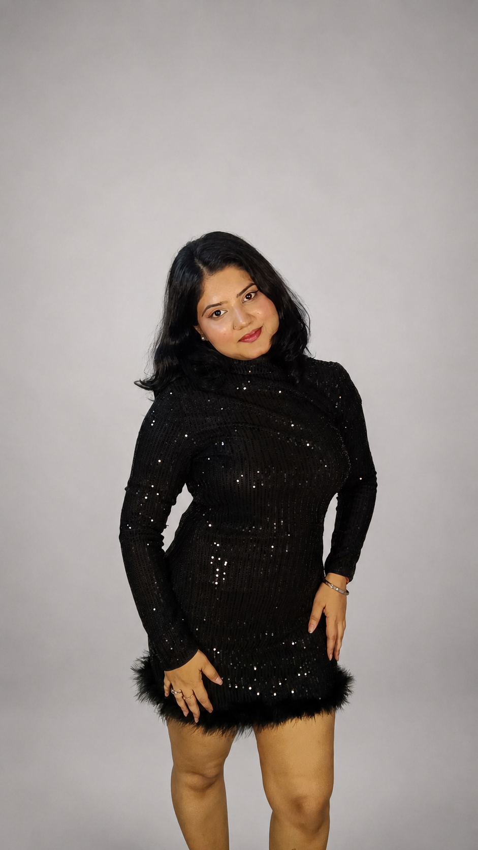Midnight Sparkle Feather Hem Mini Dress