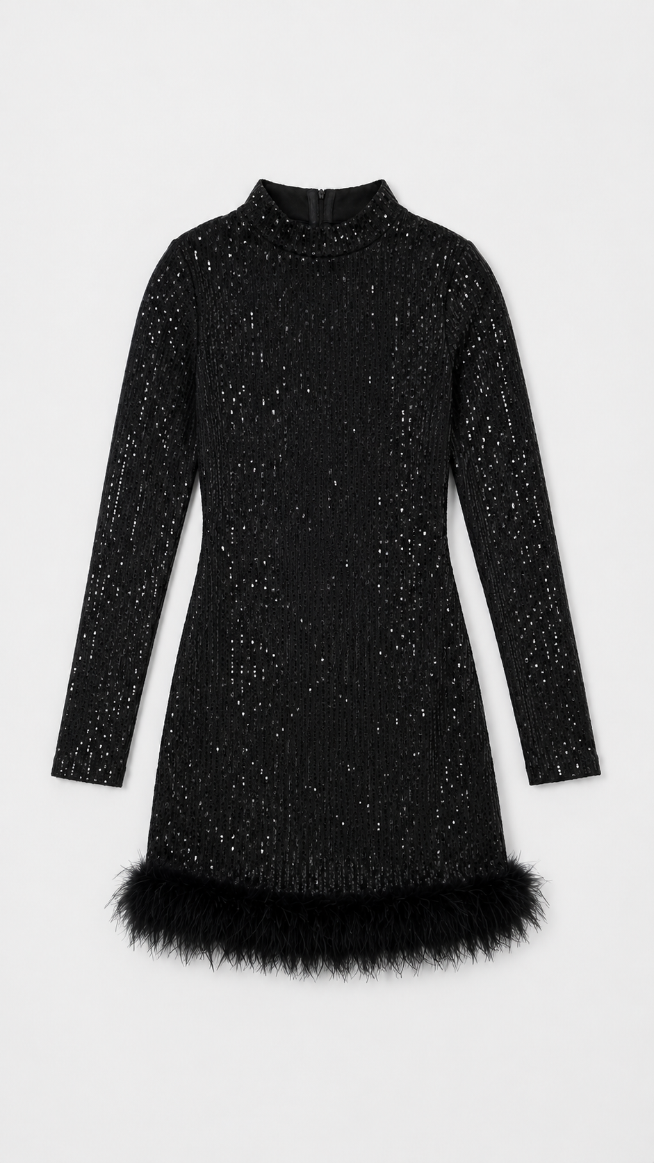 Midnight Sparkle Feather Hem Mini Dress