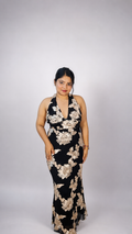 Black Floral Embroidered Halter Neck Maxi Dress