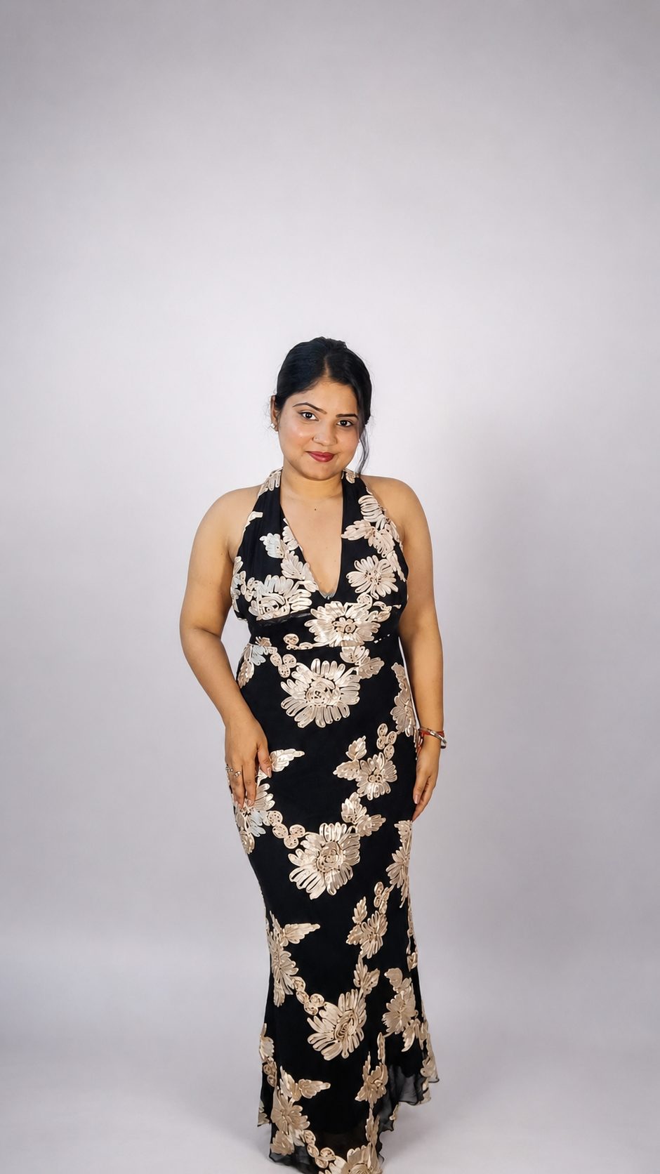 Black Floral Embroidered Halter Neck Maxi Dress