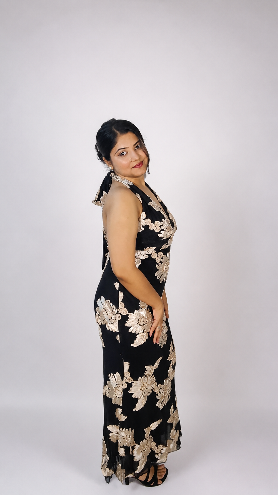 Black Floral Embroidered Halter Neck Maxi Dress