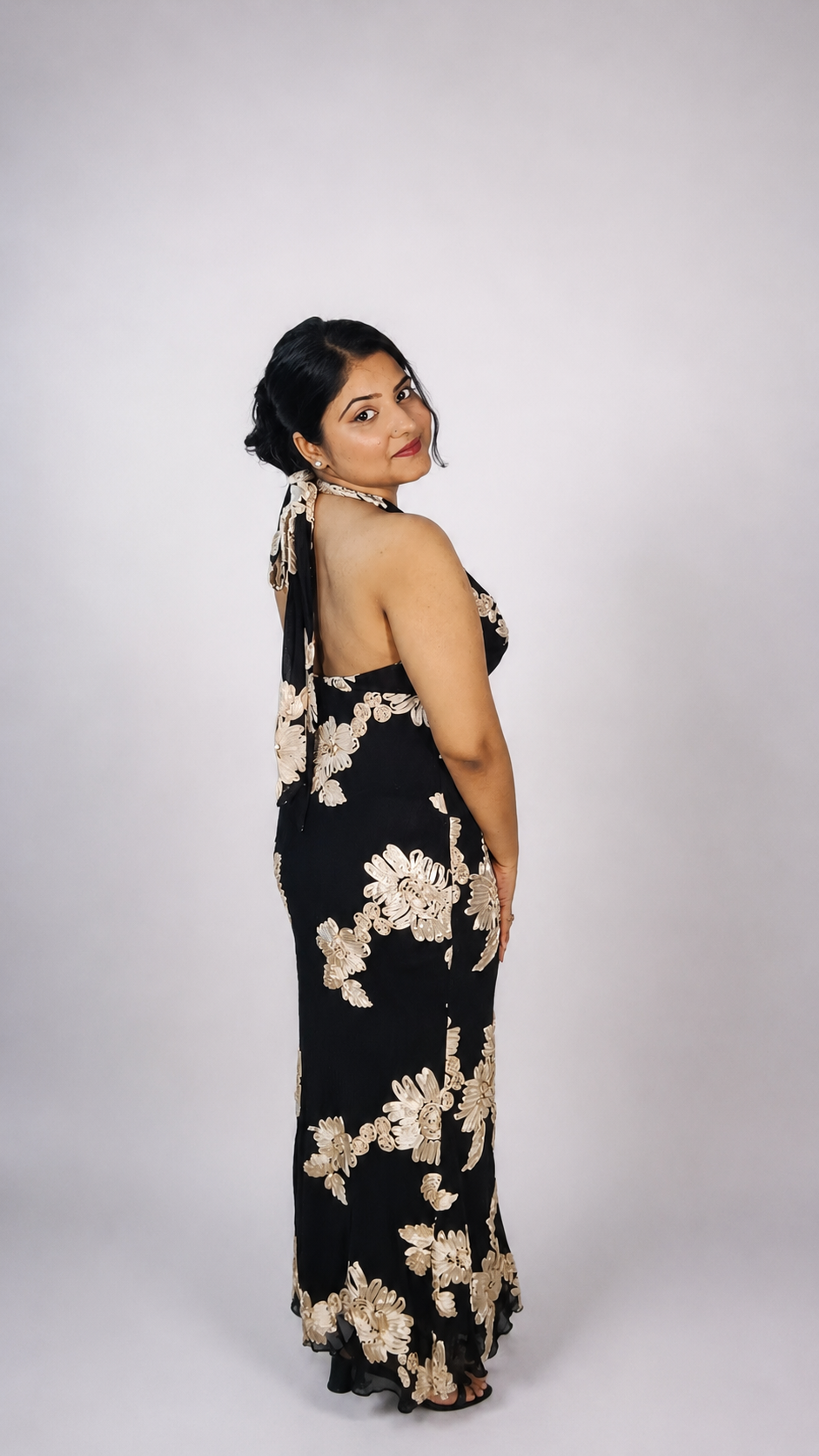 Black Floral Embroidered Halter Neck Maxi Dress