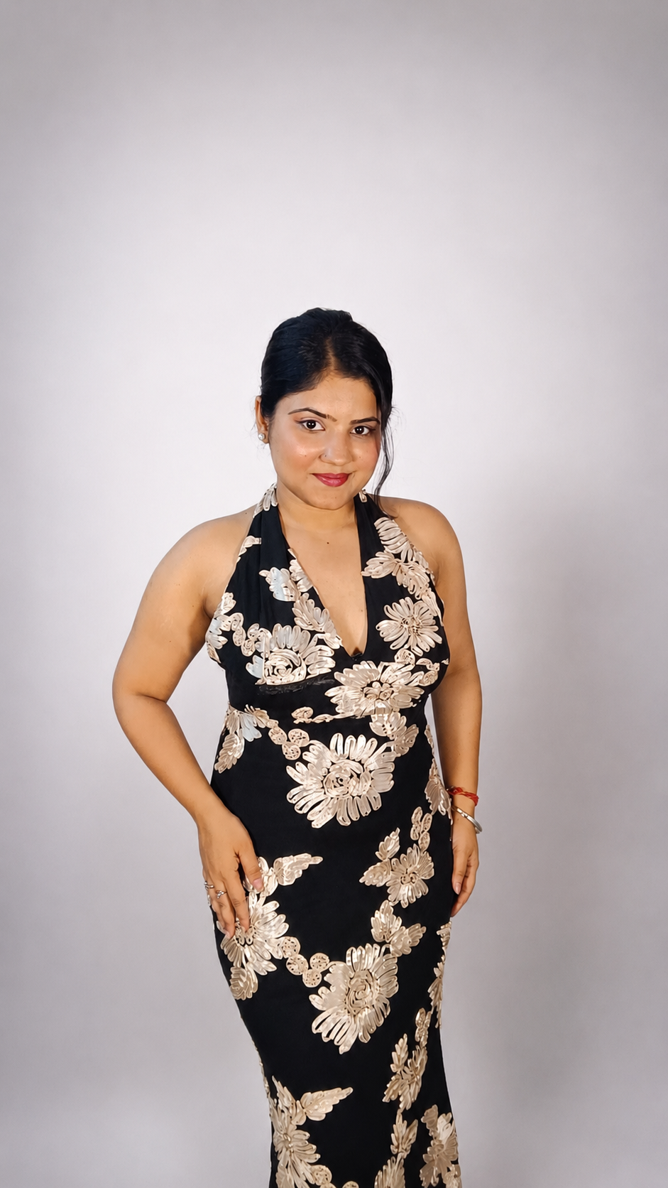 Black Floral Embroidered Halter Neck Maxi Dress