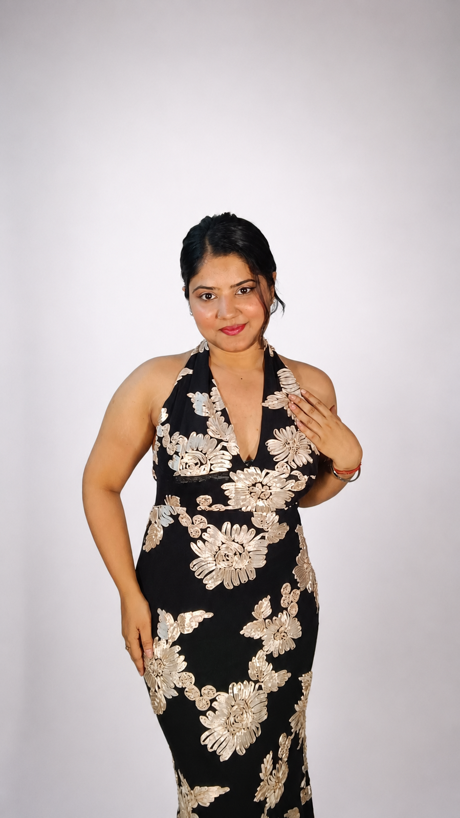 Black Floral Embroidered Halter Neck Maxi Dress