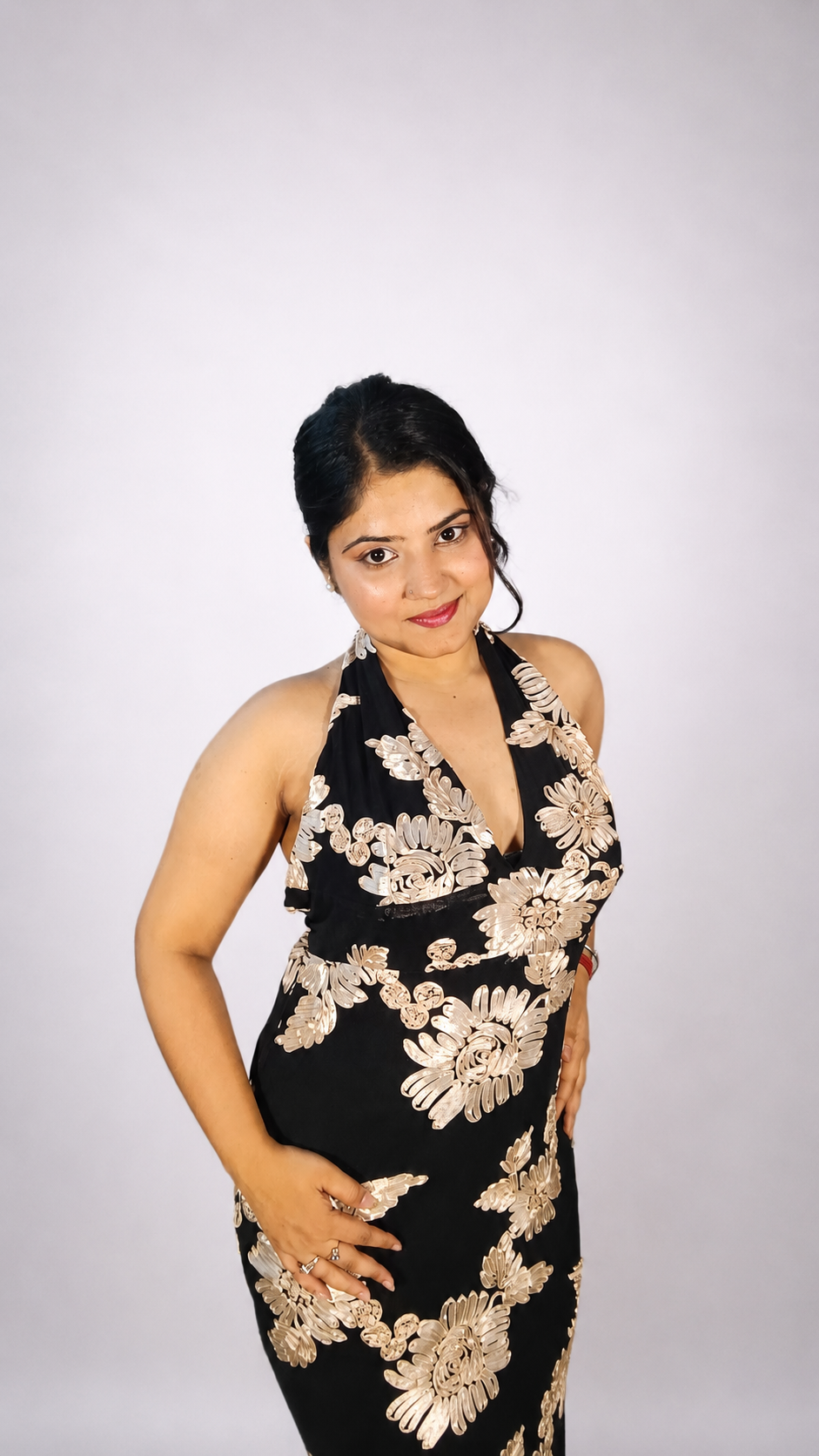 Black Floral Embroidered Halter Neck Maxi Dress