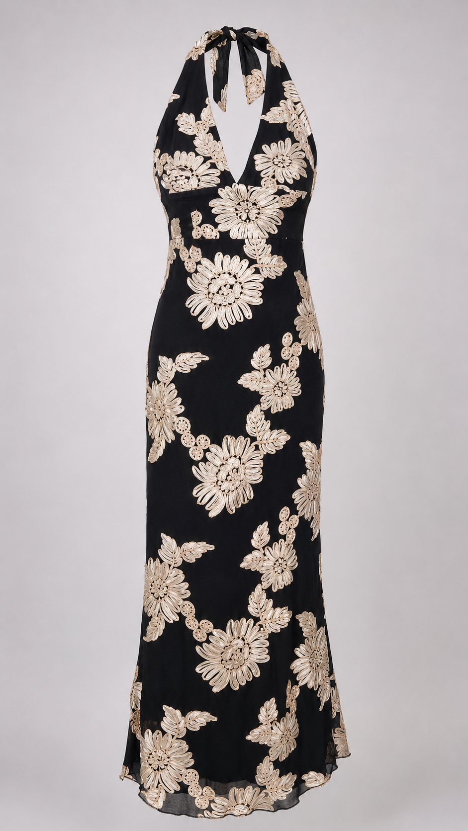 Black Floral Embroidered Halter Neck Maxi Dress