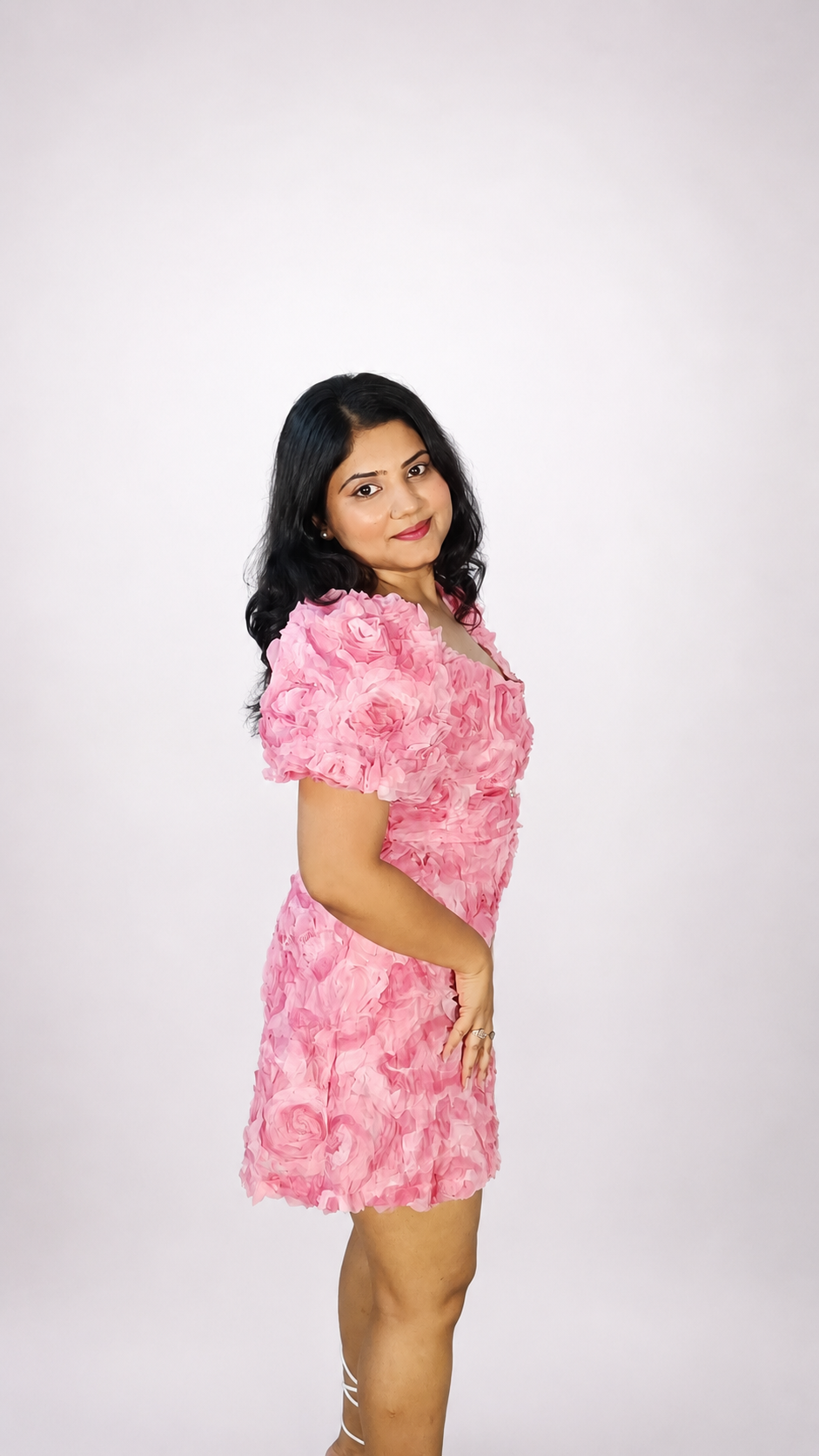 Pink 3D Floral Puff Sleeve Mini Dress