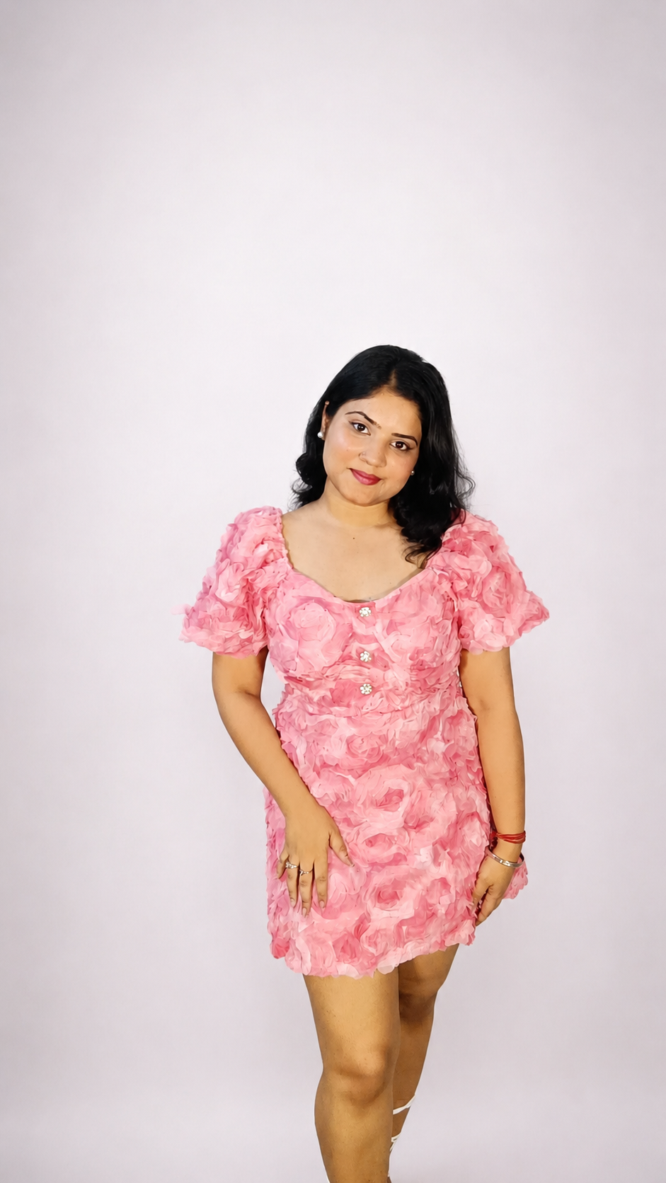 Pink 3D Floral Puff Sleeve Mini Dress