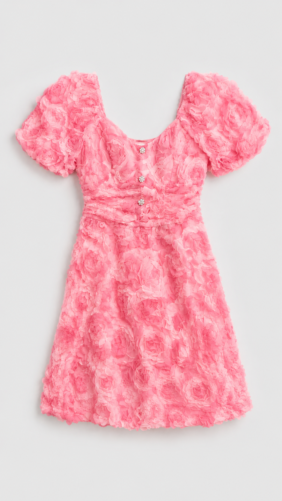 Pink 3D Floral Puff Sleeve Mini Dress