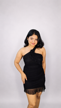 One-Shoulder Rosette Bodycon Mini Dress - Black