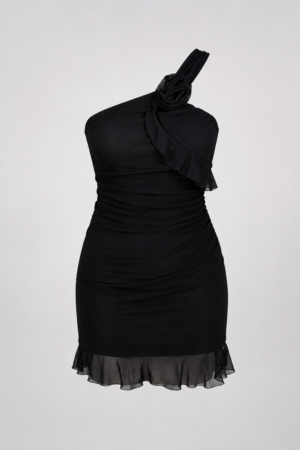 One-Shoulder Rosette Bodycon Mini Dress - Black