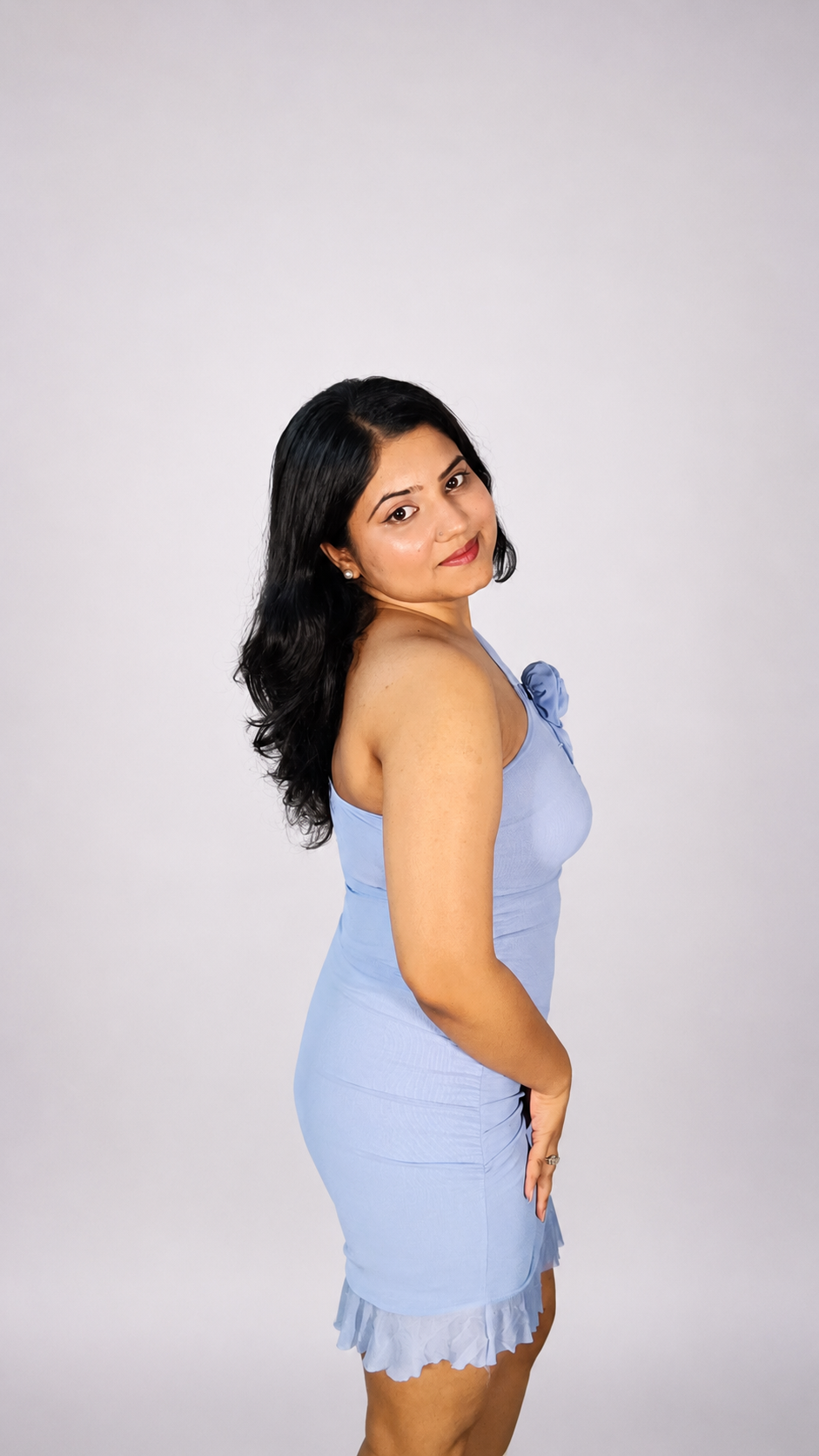 One-Shoulder Rosette Bodycon Mini Dress - Blue