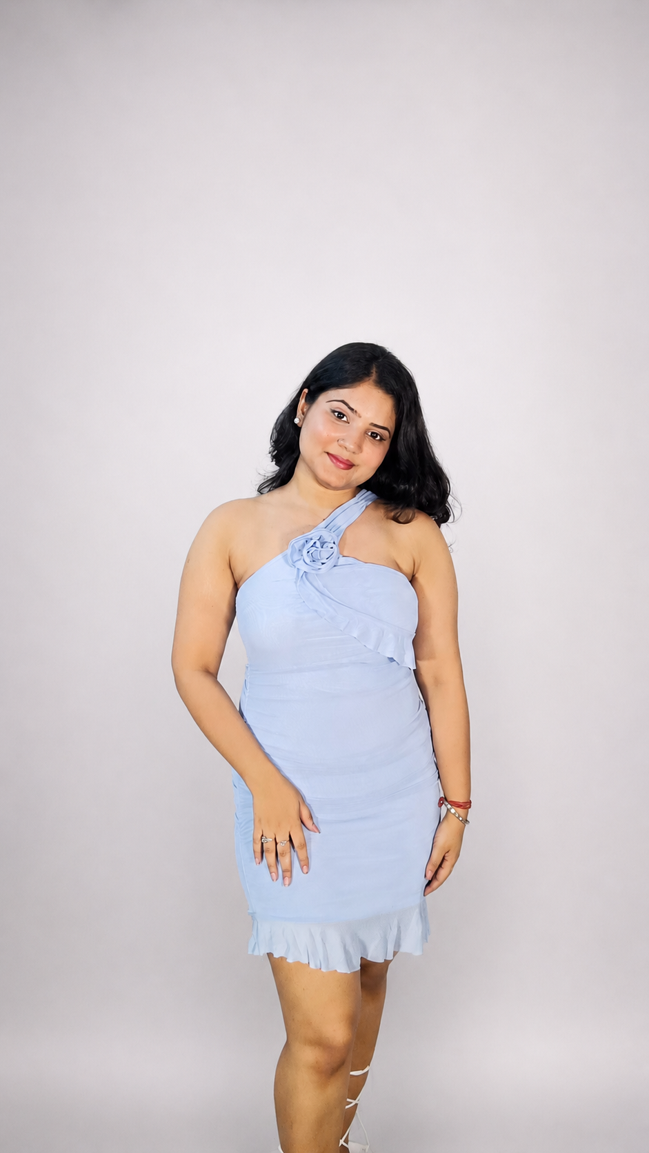 One-Shoulder Rosette Bodycon Mini Dress - Blue