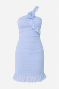 One-Shoulder Rosette Bodycon Mini Dress - Blue