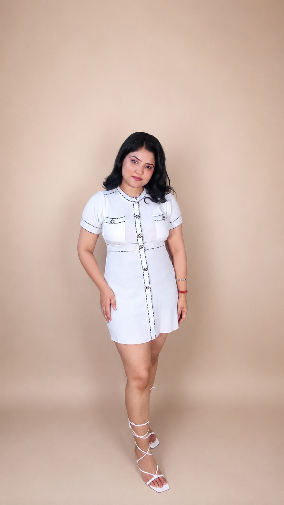 White Contrast Stitch Fit & Flare Mini Dress