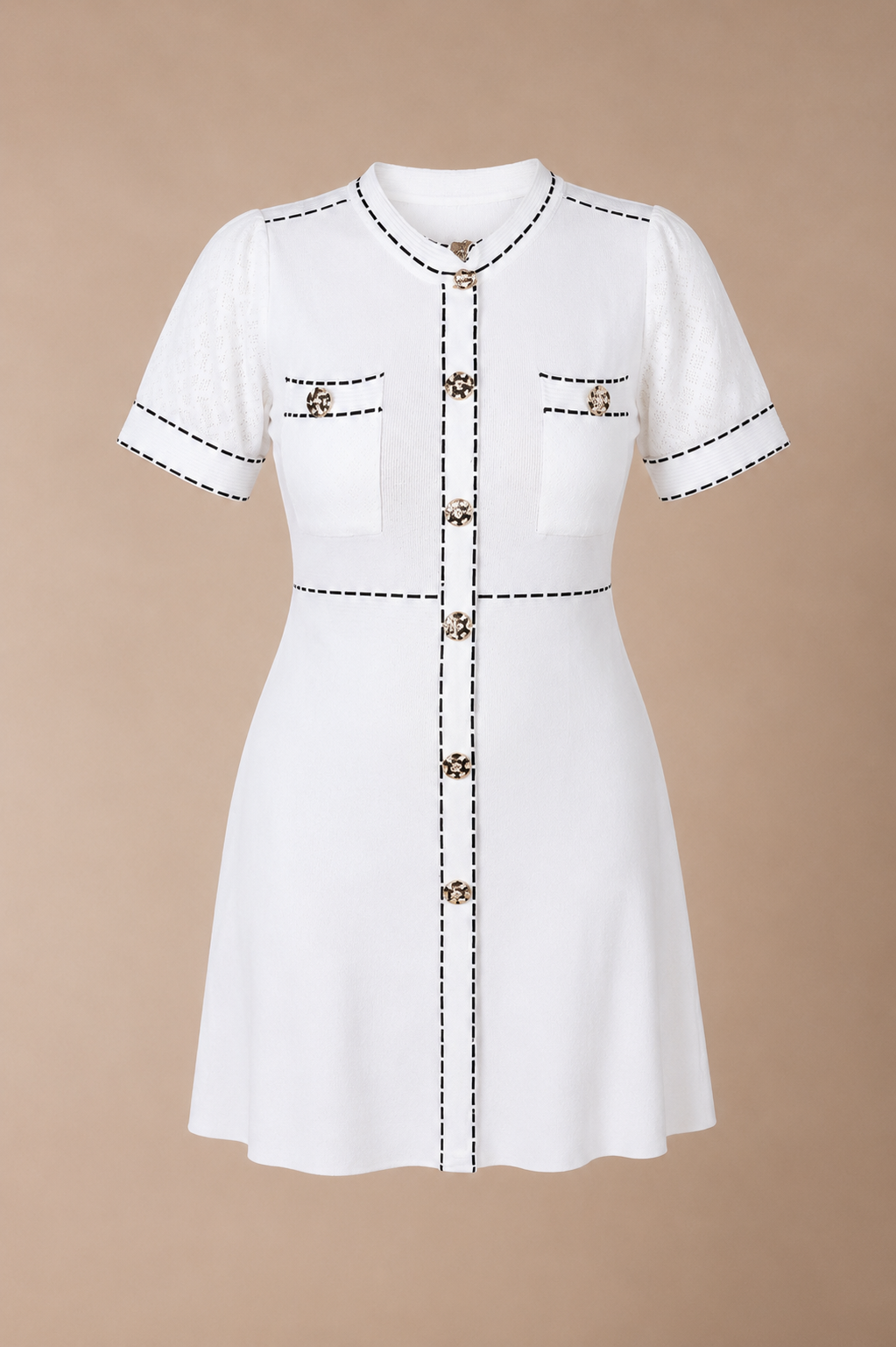 White Contrast Stitch Fit & Flare Mini Dress