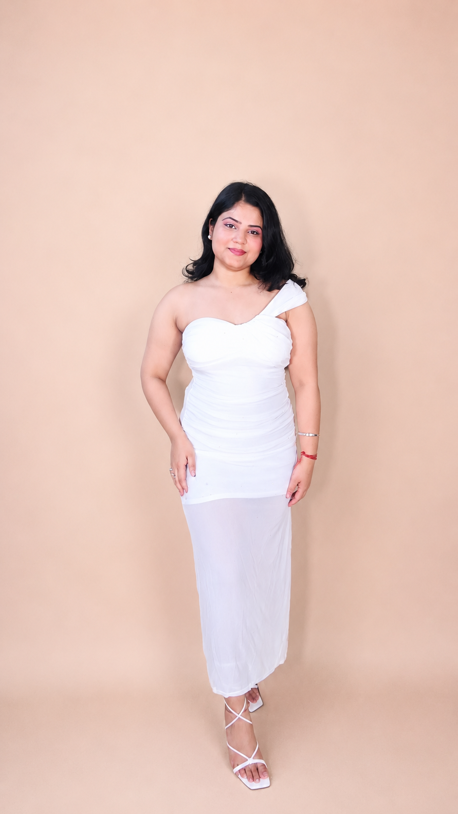 White One-Shoulder Glitter Mesh Ruched Dress