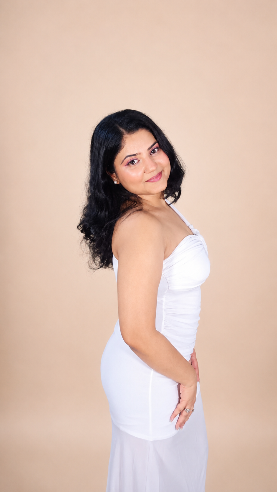 White One-Shoulder Glitter Mesh Ruched Dress