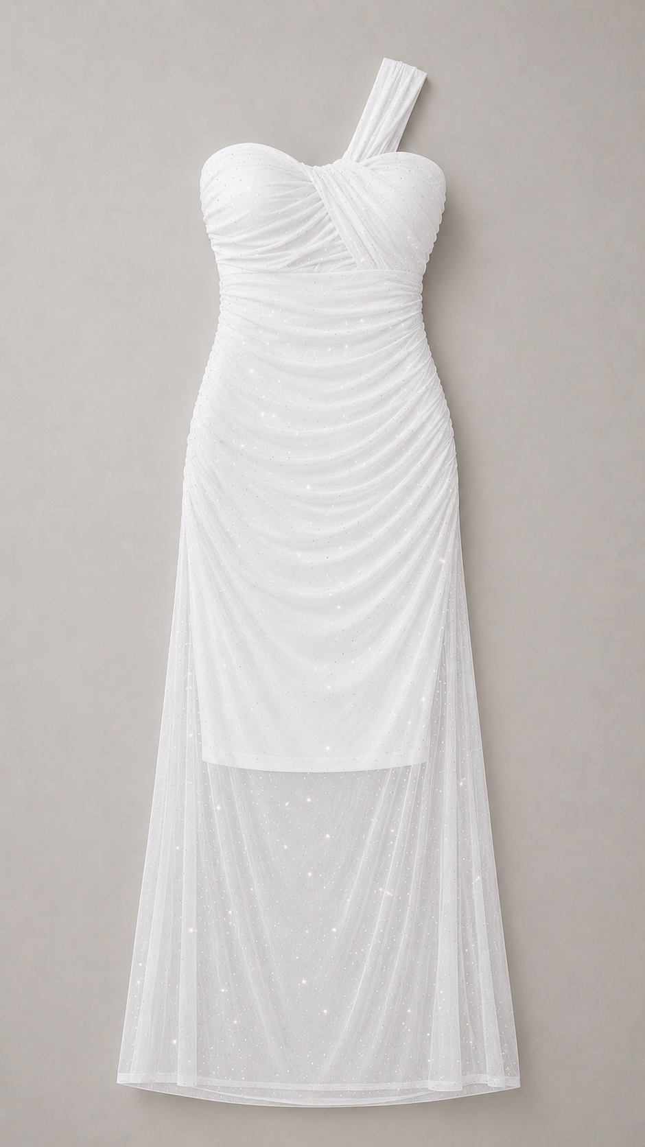 White One-Shoulder Glitter Mesh Ruched Dress