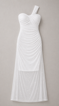 White One-Shoulder Glitter Mesh Ruched Dress