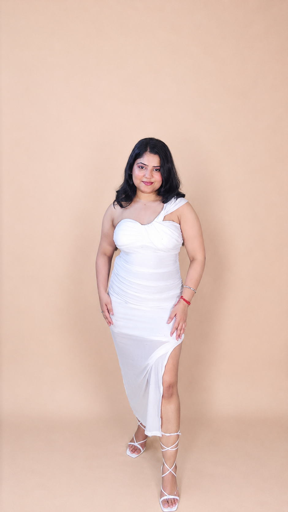 White One-Shoulder Glitter Mesh Ruched Dress