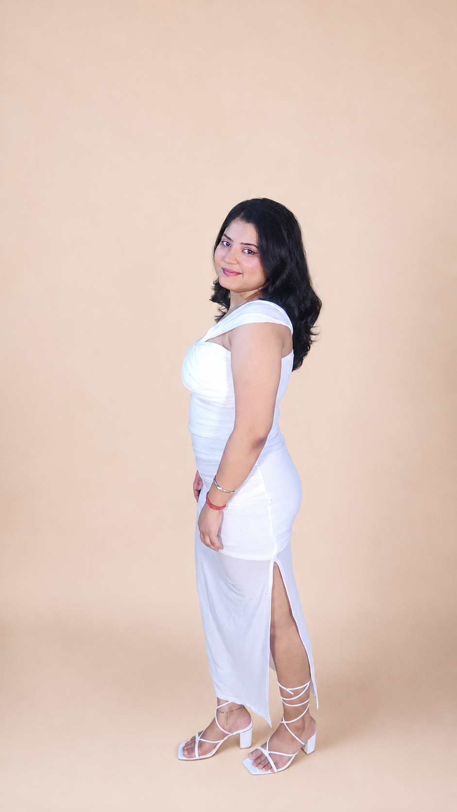 White One-Shoulder Glitter Mesh Ruched Dress