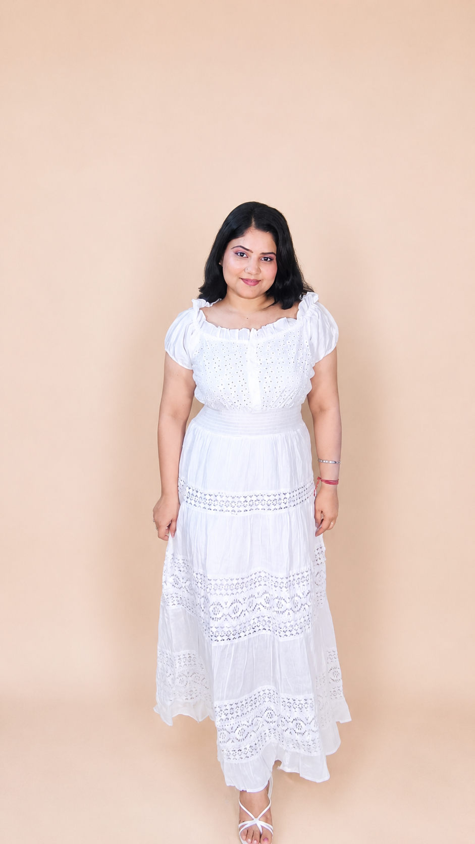 White Cotton Lace Off-Shoulder Maxi Dress