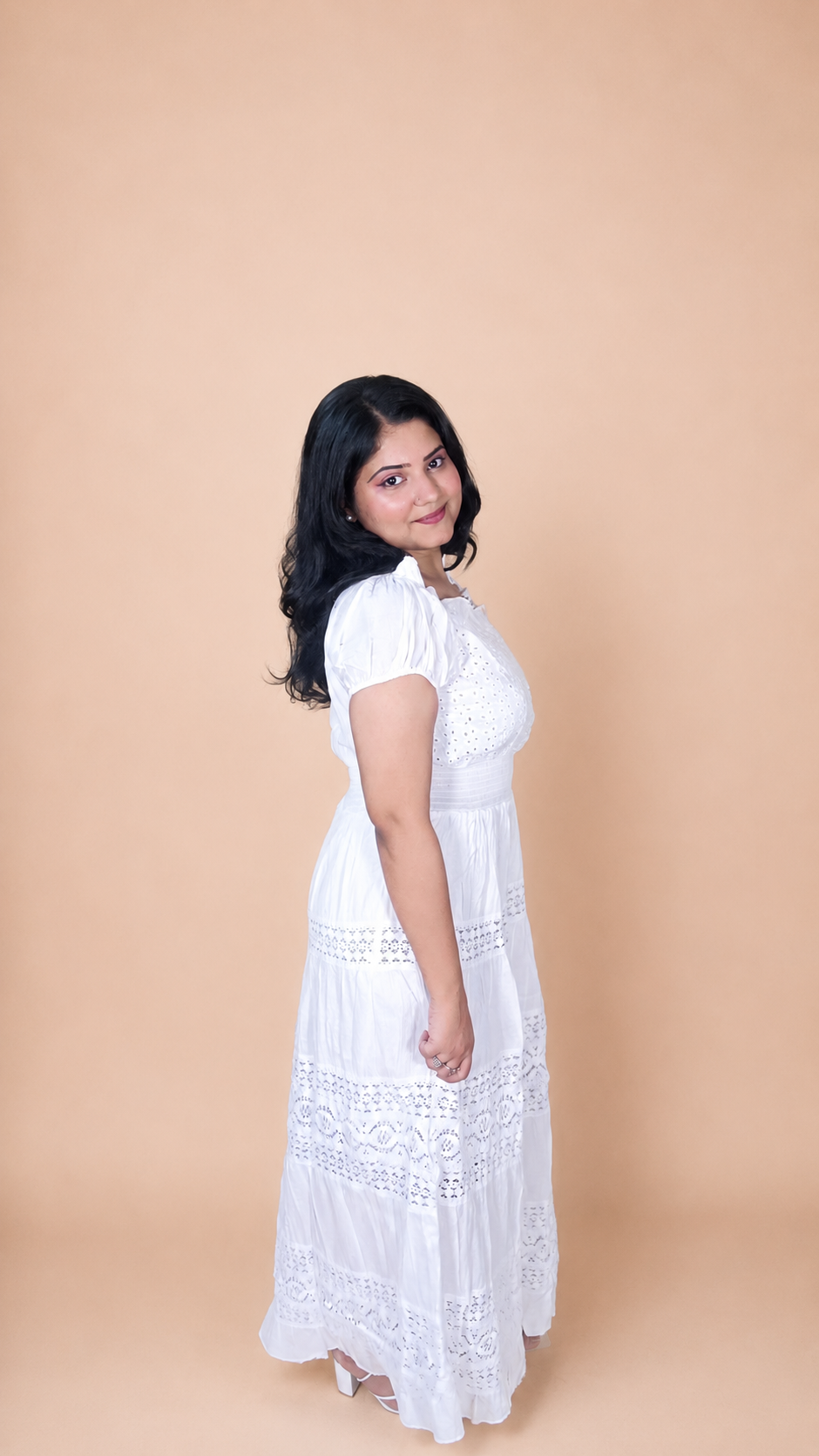 White Cotton Lace Off-Shoulder Maxi Dress