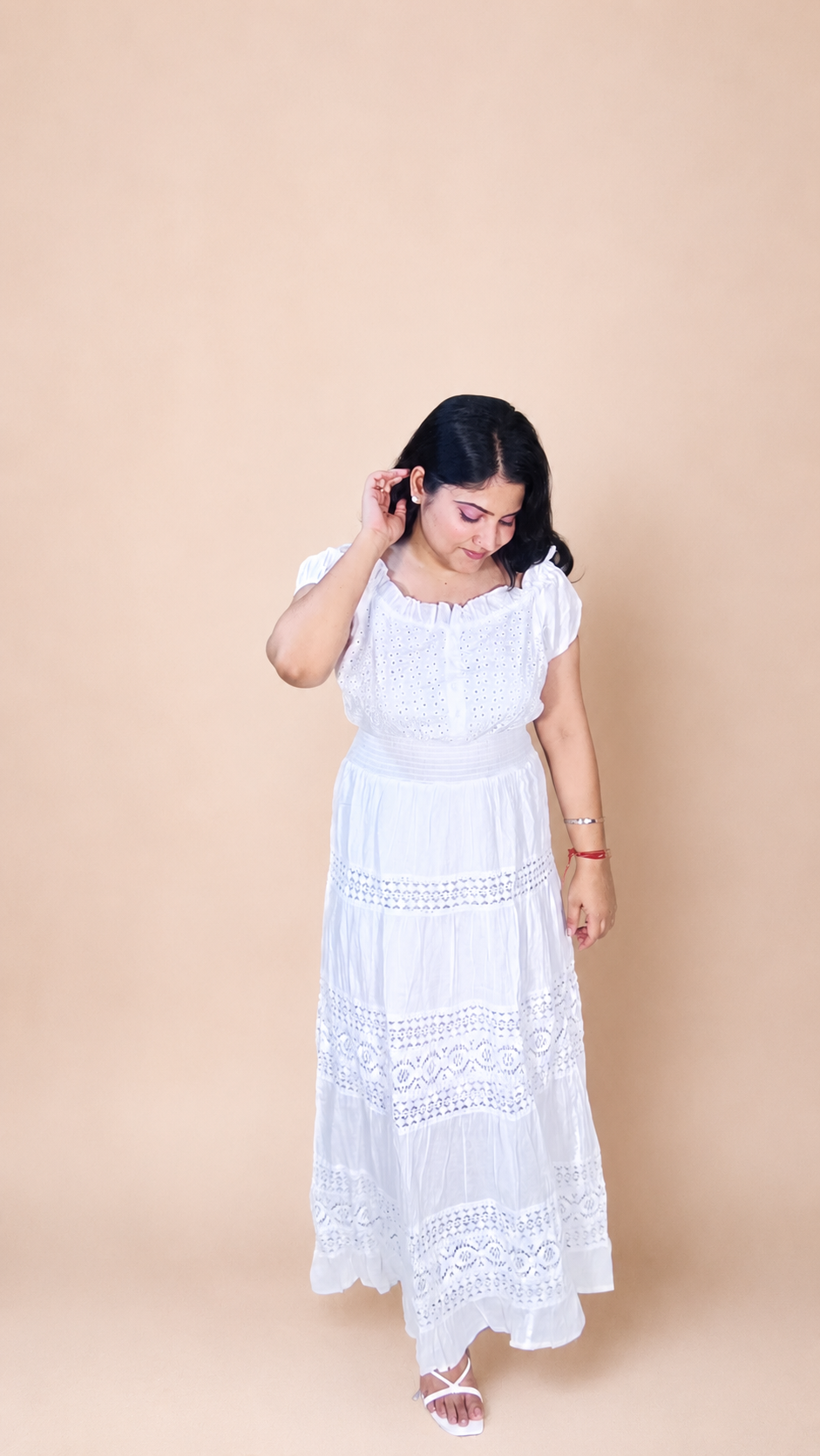 White Cotton Lace Off-Shoulder Maxi Dress