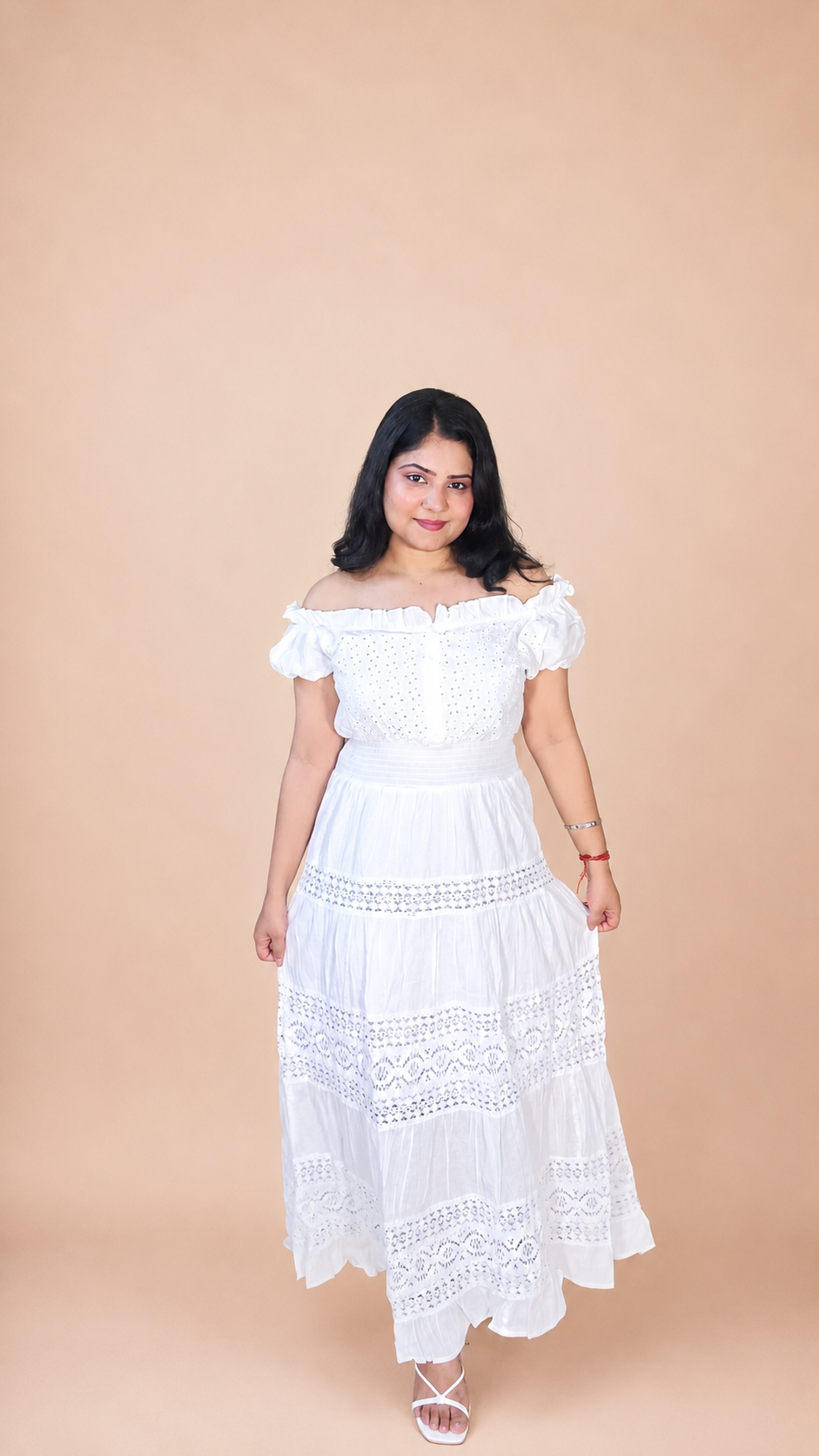 White Cotton Lace Off-Shoulder Maxi Dress