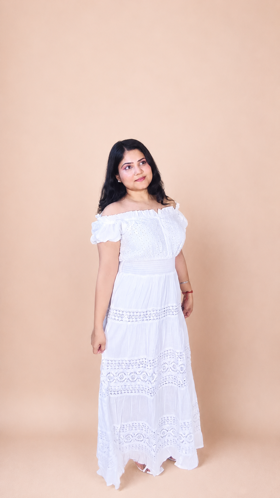 White Cotton Lace Off-Shoulder Maxi Dress