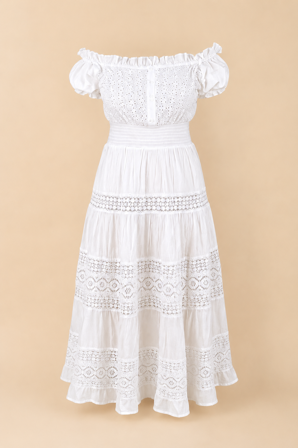 White Cotton Lace Off-Shoulder Maxi Dress