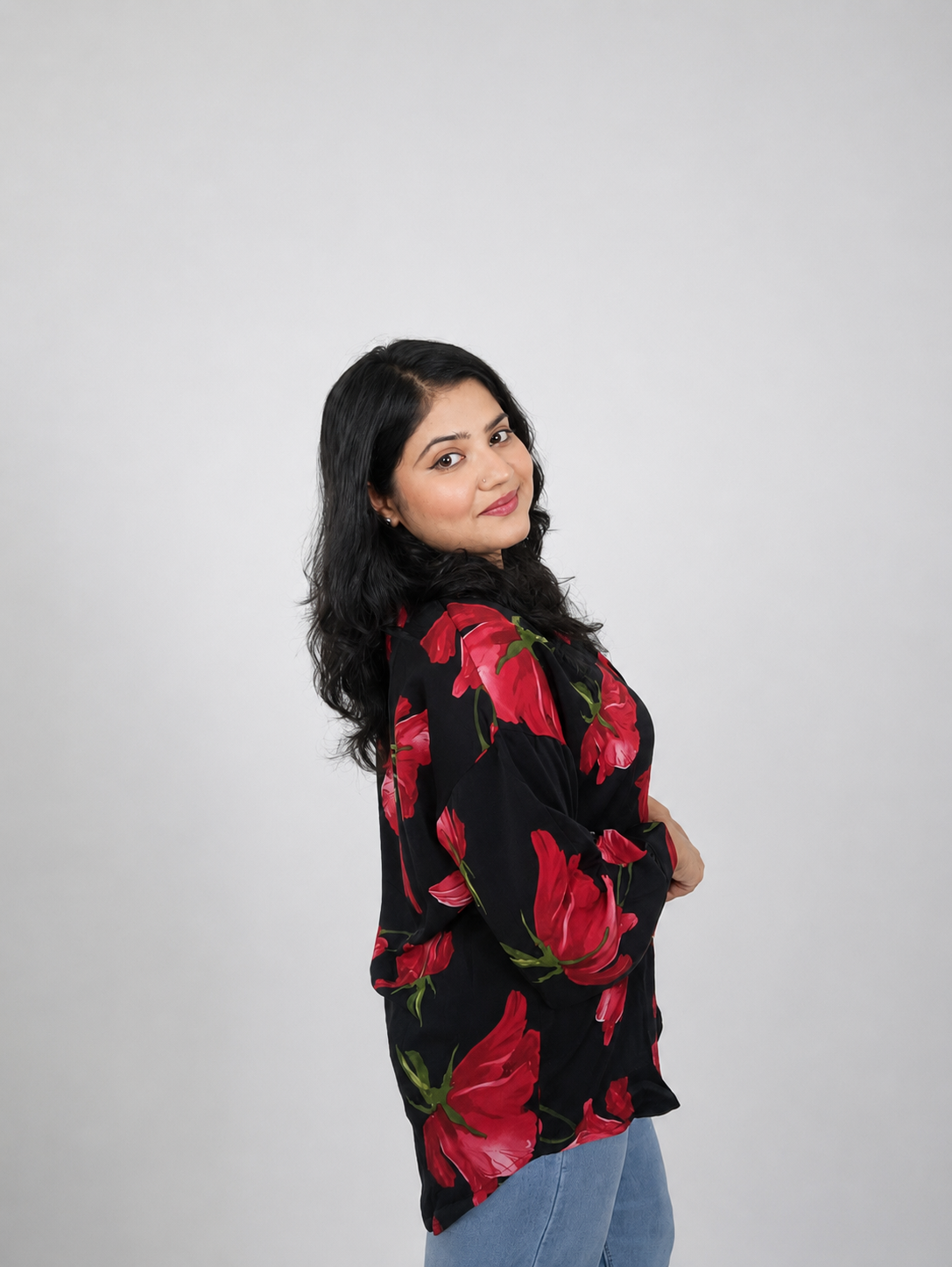 Black & Red Floral Print Oversized Shirt